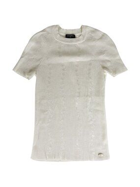 Chanel CC Logo Knit Short Sleeve Top White Sweater
